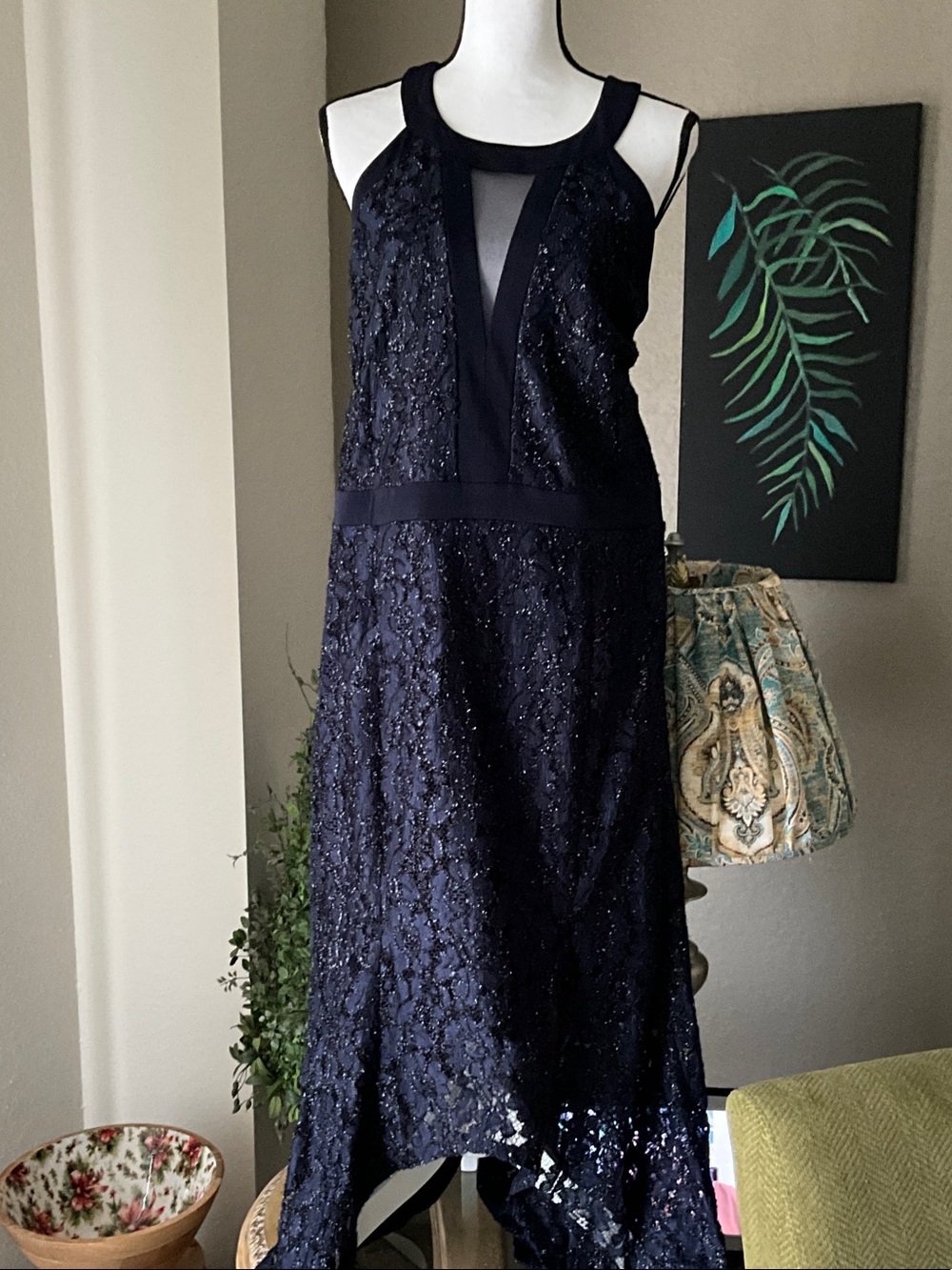 Elegant Navy Lace Evening Dress - Sleeveless High-Low Hem